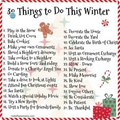 the 30 things to do this winter list is shown in red, white and green