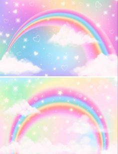 two rainbows in the sky with hearts and stars