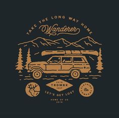 an image of a van parked in front of mountains with the words, take the long way home