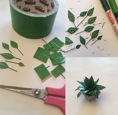 four pictures showing the steps to make a potted plant out of scrapbook pages