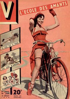 an advertisement for a bicycle with a woman in red dress on it's back