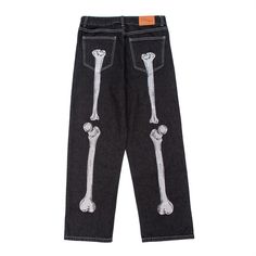 DESCRIPTION This classic skeleton design and vintage-washed feel of these pants make them a true wardrobe staple that you can wear with everything in your closet. Classic shape with a skeleton print front and back. These are perfect for any casual occasion. Washing instructions: machine wash cold. set washer to gentle cycle. air dry only. do not bleach FEATURES Easy wearing denim pants perfect for everyday wear Made from a super soft blend of cotton and polyester Soft-touch water-based screen pr Bone Embroidery, Harajuku Punk, Hip Hop Jeans, Y2k Pants, Custom Denim, Jean Vintage, Pants Fabric, Skull Hand, Moda Jeans