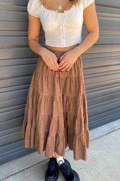 Product Details 100% Cotton Hand Wash Cold Elastic Waist Two Side Inseam Pockets Tiered Corduroy Midi Skirt, Corduroy Skirt, Romper With Skirt, Bag Dress, Fall Collections, Outfit Posts, Premium Denim, Skirts For Sale, Pumpkin Patch