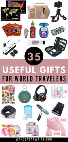 the words useful gifts for world travelers are in pink and white with images of various items