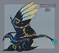 a stylized image of a dragon with wings on it's back and the words, taran adopt $ 20