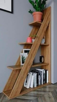 a bookshelf made out of wooden shelves with plants on top and two potted plants in the bottom