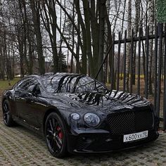 a black sports car parked in front of a tree lined driveway with lots of leaves on it