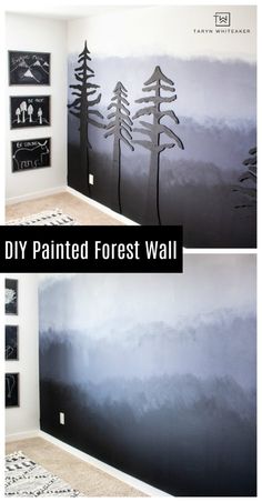 two pictures with trees painted on them and the words diy painted forest wall