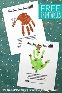 two christmas handprints are shown with the words free printables on them