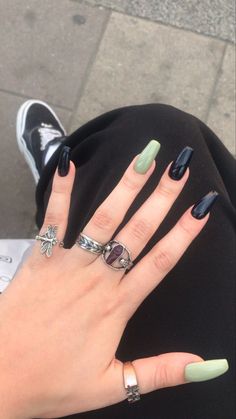 Harry Styles Nails Aesthetic, Grunge Style Nails, Short Acrylic Nails Grunge, Short Goth Nails Grunge, Black Nails With Pop Of Color, Split Nail Color, Hippy Acrylic Nails, Harry Styles Nails Inspired Acrylics, Harry Styles Acrylic Nails