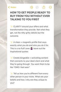 a white sheet with the text how to get people ready to buy from you without ever talking