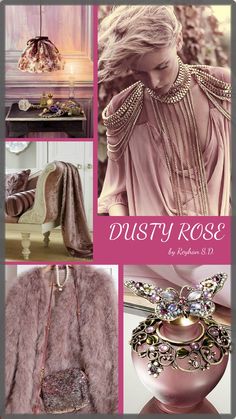 a collage of photos with the words dusty rose written in pink and gold on it