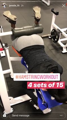 a man laying on top of a bench next to a barbell exercise machine with the text hamstring workout 4 sets of 15