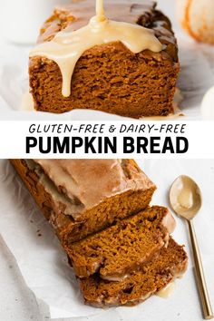 This gluten-free and dairy-free pumpkin bread recipe is full of warm pumpkin spices topped with a sweet & delicious maple glaze. Pair it with a hot cup of cider or coffee for breakfast or a snack. A perfect Fall dessert! Dairy Free Pumpkin Dessert, Pumpkin Spices, Gluten Free Pumpkin Bread, Dairy Free Breakfasts, Gluten Free Desserts Recipes, Pumpkin Bread Recipe