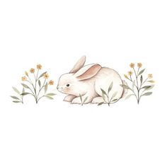 a watercolor drawing of a rabbit sitting in the middle of some flowers and plants