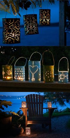 some lights that are hanging from the side of a building and in front of a chair