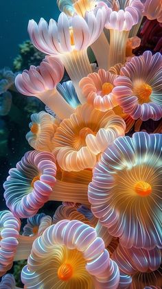 an underwater scene with colorful corals and seaweed