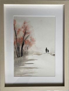 a watercolor painting of two people walking in the snow with trees and red leaves