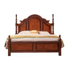 a wooden bed frame with four posts and two pillows on the headboard, against a white background