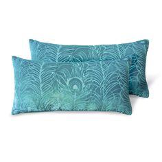 two blue pillows sitting next to each other