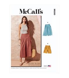 a women's skirt and pants sewing pattern with the words mcalis on it