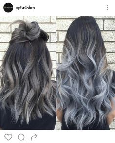 Brown Silver Hair, Gray Highlights Brown Hair, Brown And Silver Hair, Silver Balayage, Dark Ombre Hair, Grey Hair Wig, Nails Grey, Grey Ombre Hair