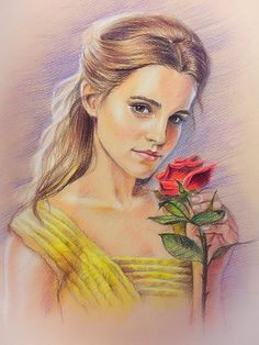 a drawing of a woman holding a rose