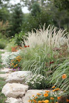 a garden with rocks and flowers in the foreground, along side a path that leads to a wooded area