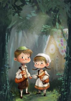 two children are standing in the woods holding hands and looking at each other's eyes