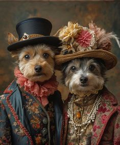 two dogs dressed in fancy clothes and hats