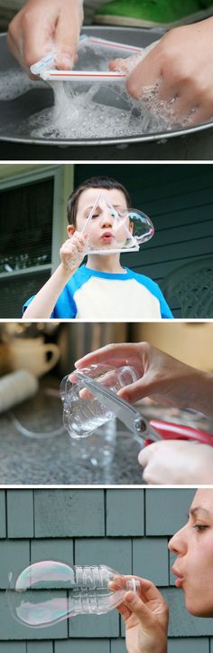 the process of making soap bubbles is shown in three different pictures, and then shows how to use them