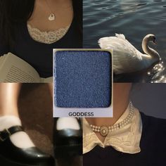 a collage of photos with swan and woman's shoes