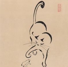 an ink drawing of a cat and a bird on a beige background with chinese writing