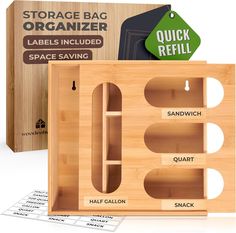 the storage bag organizer is made from bamboo and features labels included in space saving compartments