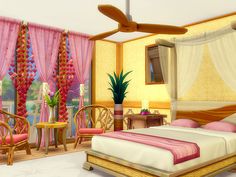 the bedroom is decorated in pink and gold colors, with wicker chairs around the bed