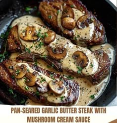 steak with mushroom cream sauce in a skillet