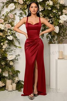 "Belle Solid Wrap Hem Satin Bridesmaid Dress": This prom dress for 2024 exudes elegance and sophistication. Crafted from luxurious satin fabric, its flattering wrap-style design and modern hem make it a timeless choice for any bridal party. Make a stunning statement on the big day with this impeccable and versatile bridesmaid dress. Rose Red Bridesmaid Dresses, Versatile Bridesmaid Dress, Burgundy Party Dress, Red Mermaid Prom Dress, Wine Colored Dresses, Satin Bridesmaid Dress, Red Silk Dress, Prom Dresses Simple, Maid Of Honour Dresses