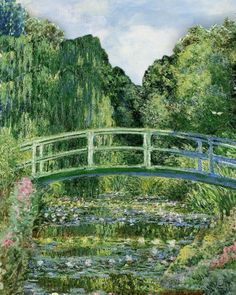 a painting of a bridge over a pond with water lilies