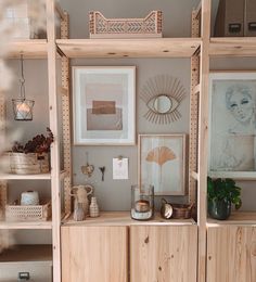 shelves with pictures and other items on them