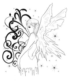 a black and white drawing of a fairy with swirls on her wings, holding a star