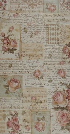 an old fashioned wallpaper with pink roses and letters on the side, all over it