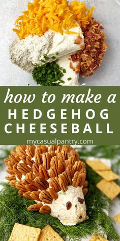 cheese ball with pine cones and crackers in the shape of hedgehogs on top