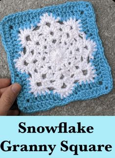 someone is crocheting a snowflake granny square on the ground with text overlay