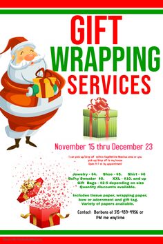 a flyer for a christmas wrapping service with santa holding a gift box and giving it as a present