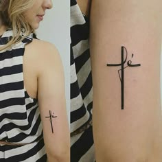 a woman's arm with a cross tattoo on the left side of her right arm