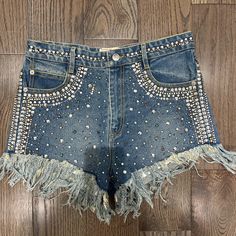 Size 8 Denim Shorts - Studded Casual Silver Denim Bottoms, Zadig And Voltaire, Blue And Silver, Women's Shorts, Denim Shorts, High Waist, Color Blue, Mini Skirts, High Waisted