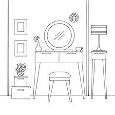 a black and white line drawing of a dressing table with stools, mirror and plant