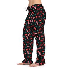 Black Cherry Fruit Pajama Pants with a casual, loose fit design and drawstring closure for cozy comfort. These red cherry patterned PJ bottoms are a perfect gift for her, providing a relaxed and comfortable vibe for lounging at home. Ideal for women looking for stylish and comfortable sleepwear, these pajama pants are perfect for holiday gifts, birthdays, or simply treating yourself. Product features - 100% polyester jersey for a soft and vibrant print - Double needle stitching for durability - Drawstring waist for adjustable fit - All over print design - Lightweight fabric for comfort Care instructions - Do not dryclean - Do not iron - Tumble dry: low heat - Do not bleach - Machine wash: cold (max 30C or 90F) Black Cherry Fruit, Women's Pajama Pants, Over Print Design, Pj Bottoms, Cherry Fruit, Womens Pajamas Pants, Red Cherry, Pants Loose, Sleep Shorts