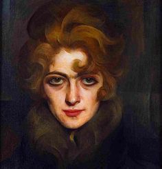 an oil painting of a woman with brown hair and blue eyes wearing a black coat