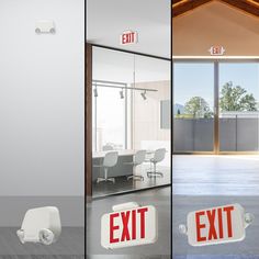 an exit sign is shown in three different pictures, with the light on and off